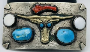 Sterling Silver Belt Buckle Longhorn Bull Steer Native American Turquoise Coral - Picture 1 of 6