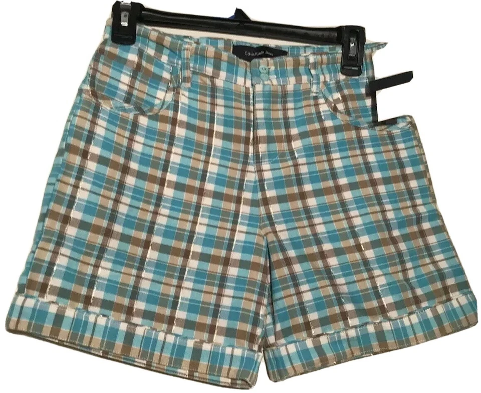 Pantalones Cortos a Cuadros Calvin Klein Jeans Niña Algodón Aqua y Marrón Talla 14 Nuevos con Etiquetas Foto 1 de 3
