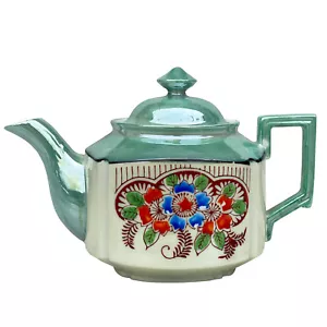 Vintage Japanese Porcelain Green Lusterware Floral Motif Teapot - Picture 1 of 9