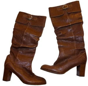 FENDI Scrunched Brown Leather Slouchy Lagenlook Boho Ruched Boots Sz EU 40/US 9 - Picture 1 of 14