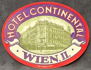 HOTEL CONTINENTAL WEIN, II. ETIQUETA EQUIPAJE ANTIGUO HISTÓRICO VIENA AUSTRIA C. 1930s - Imagen 1 de 2
