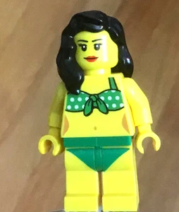 LEGO Girl Female Minifig Bikini Torso (Rare) and Legs, Black Hair, Red Lips - Picture 1 of 2