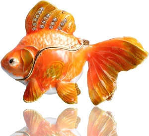 Handbemalte orange Goldfische Schmuckschatulle Tier Schmuckkästchen Figur Sammlerstück - Bild 1 von 12