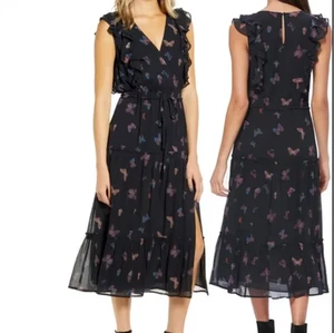 PAIGE schwarz Basilikum Schmetterling 100 % Seide V-Ausschnitt abgestuft Schlüsselloch Rücken Georgette Kleid - Bild 1 von 1