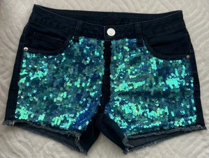 Justice Jeans Denim Sequin Shorts Size 14 Blue Cut Off Jeans Sparkle - Picture 1 of 8