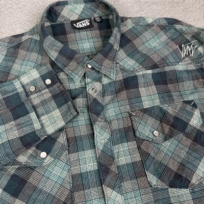 Vans Shirt Mens XXL 2XL Green Plaid Snap Front Long Sleeve Skate Casual Western - Image 1 of 4