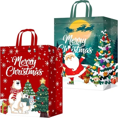 VOLSHA 2 Pack Christmas Tote Bag, Extra Large Reusable Grocery Bag with Handle, Presen