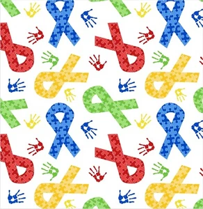 Autism Awareness Fabric - Digital Puzzle Piece Ribbon White David Textiles YARD - Picture 1 of 1