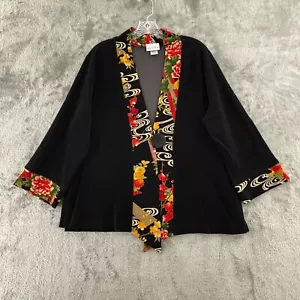 Soft Surroundings Kimono Jacket Womens L Black One Button Floral Asian Trim - Picture 1 of 8