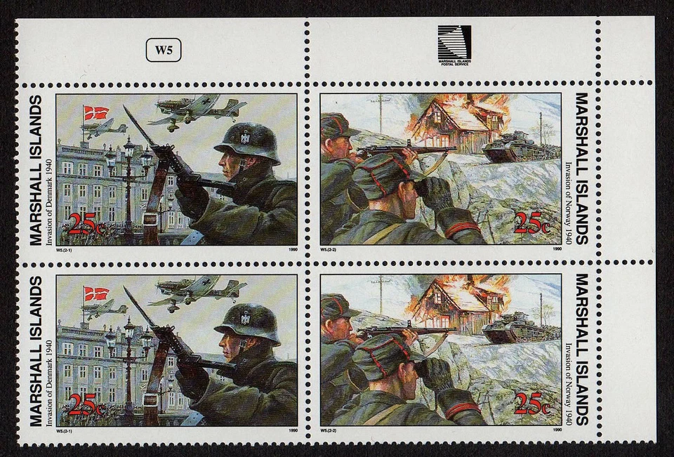 MARSHALL ISLANDS, SCOTT # 246-247, MNH PLATE BLOCK INVASION OF DENMARK WWII 1940 - Image 1 of 1