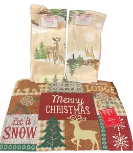 3 Pcs~Reindeer Christmas Theme 1~Placemat Tapestry 13” x 19” & 2 kitchen Towel - Picture 1 of 6