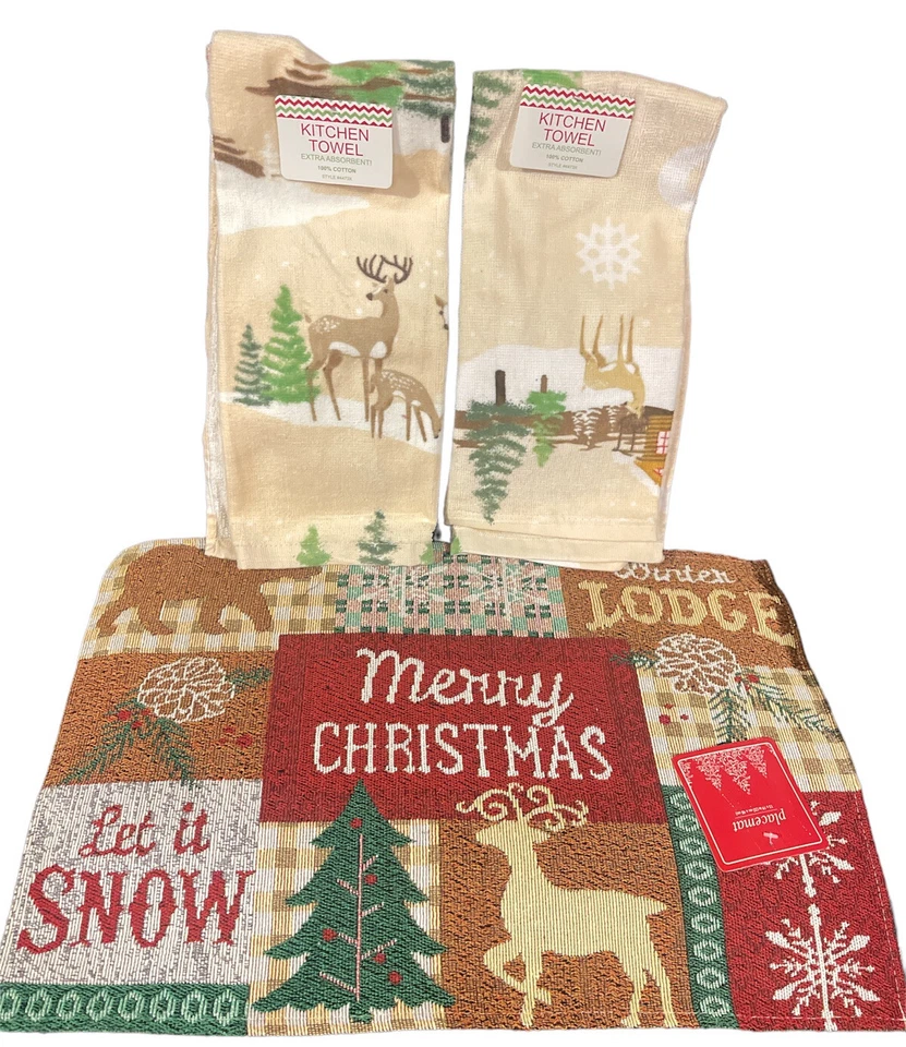 3 Pcs~Reindeer Christmas Theme 1~Placemat Tapestry 13” x 19” & 2 kitchen Towel - Image 1 of 4