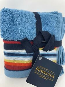 Pendleton Blue Saltillo Stripe Washcloth Tip Face Towels Set of 2 NEW 12 x 18