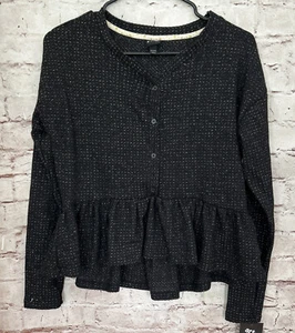 Art Class Girls 14/ 16 Black Silver Peplum Ruffle Waffle Knit Top Long Sleeve - Picture 1 of 3