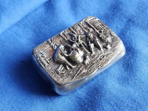 Vintage Antique Silver Plated Denmark Danish Snuff Pill Box Repousse Cover