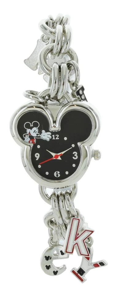 Disney Mickey Mouse Charm Bracelet Watch Ears Silver Tone MK2081 Accutime H51
