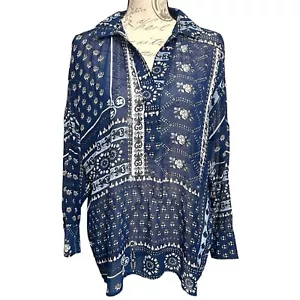 Zara Top Womens Size M Blue Floral Patchwork Print Oversized Chiffon Artsy - Picture 1 of 7
