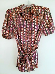 ND Women's Shiny Poly Spandex Dressy Short Sleeve Tie Front Top Size Small - Picture 1 of 4