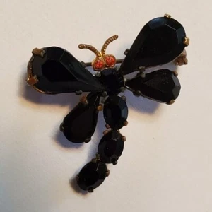 Vintage Brass Black Rhinestone Dragonfly Brooch/Pin - Picture 1 of 5