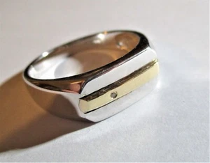 ANILLO DE SELLO RECTANGULAR DE PLATA ESTERLINA CON ACENTO DE 9 QUILATES CON DIAMANTE PEQUEÑO CON - Imagen 1 de 3