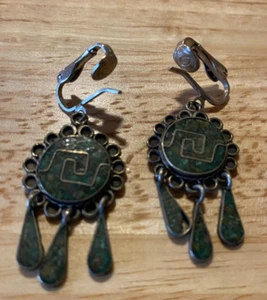 Mexican Silver with Green Lapis Inlay Clip-On Earrings - Picture 1 of 1