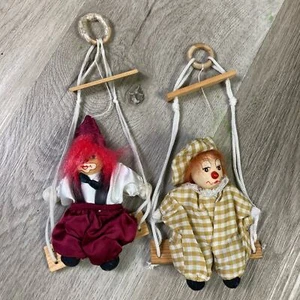 Vintage Marionette Clown Dolls on Wooden Swings Set of 2 Hand-Painted 6" - Picture 1 of 10