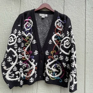 Vintage Kitty Hawk Cardigan Womens Small Knit Abstract Vivian Wang Buttons 80s - Picture 1 of 11