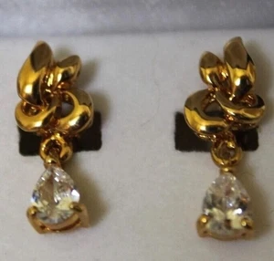 KAS 14KT Gold Plated Cz Pear Dangle Clip-On Earrings Faux Diamond Jewelry NIB - Picture 1 of 4