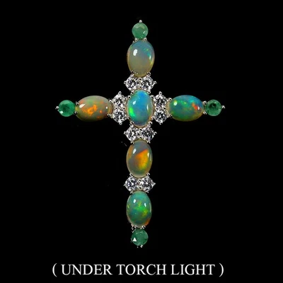 925 Sterling Silver Pendant Oval Fire Opal 7x5mm Emerald Gemstone Cross Jewelry - Image 1 of 4