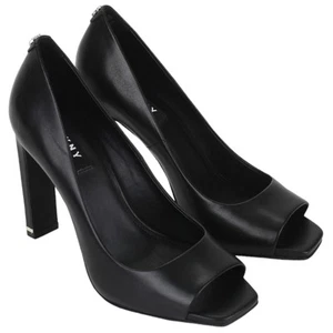 Dkny Black Leather Claudia Silver Trim Peeptoe Heels Size 9.5 - Picture 1 of 14