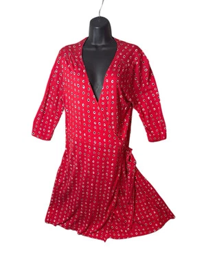 Antiguo Vestido Azul Marino Cottage Core Rojo Geométrico Tejido Rayón Manga 3/4 Boho Elegante Foto 1 de 4