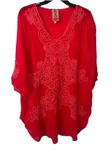 Johnny Was Red Eyelet Rayon 3/4 Sleeve Tunic Cover-up Size Large Holidays Top - Picture 1 of 9