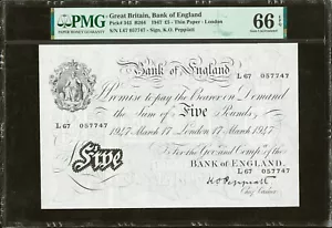 Gran Bretaña (Inglaterra) 5 libras "LONDRES" 1947 Pick-343 GEMA UNC PMG 66 EPQ - Imagen 1 de 2
