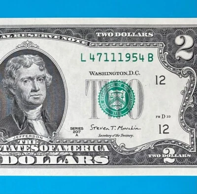TRAILING YEAR 1954 (L 4711 1954 B) $2 Two Dollar Bill Serial Number 2017A *UNC* - Image 1 of 4