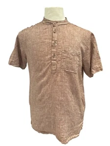 Books & More By Heartfulness Mens Brown Linen Blend Henley Shirt With Button Det - Picture 1 of 9