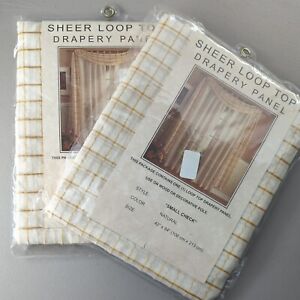 2 Sheer Window Curtains Drapery Panels Gold Check on Cream 42" X 84" NEW Luxury