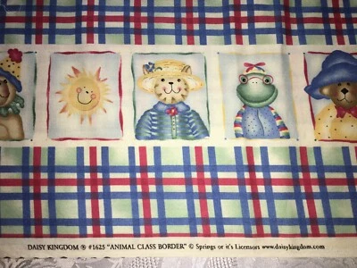 Vtg Daisy Kingdom Animal Class Border Fabric 1 Yd x 45" W Red Blue Plaid Double - Image 1 of 3