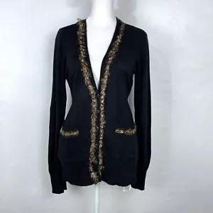 Calvin Klein Feather Trim Pockets Cardigan Sweater Cotton Viscose Angora Sz M - Picture 1 of 5