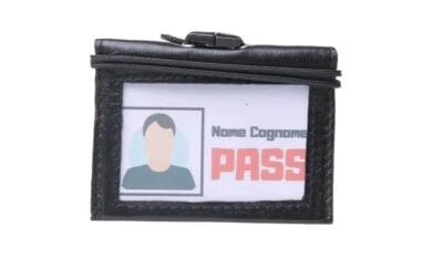 porta tesserino orizzontale porta Badge vera Pelle nero tessere portatesserino - Immagine 1 di 4
