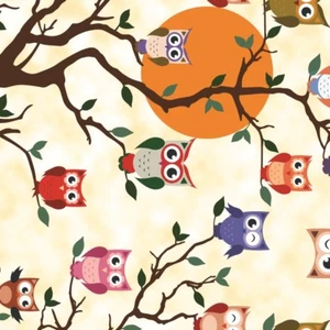 PVC TABLE CLOTH TEWOO OWLS ON TREE BRANCH SUN HOOT ORANGE RED GREEN WIPE ABLE - Picture 1 of 1