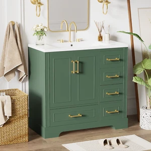 36'' Bathroom Vanity w/Resin Sink Combo Set, Green Bathroom Cabinet w/4 Drawers - Picture 1 of 12