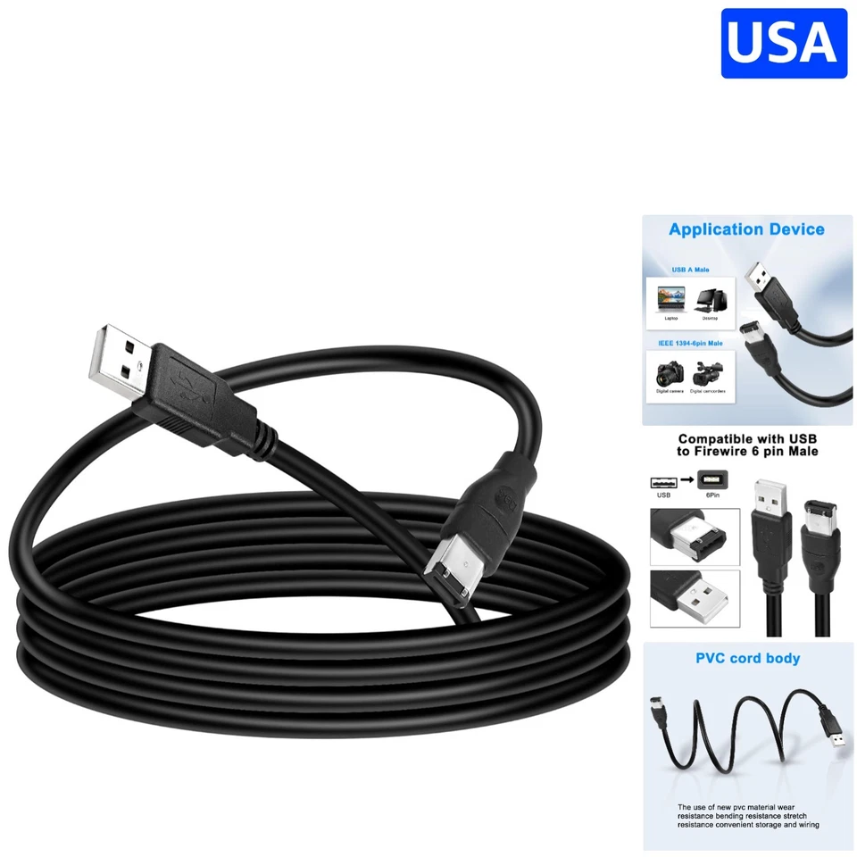 Firewire IEEE 1394 6-Pin Male to USB Type A Converter - 1.8M, Plug and Play - Image 1 of 4