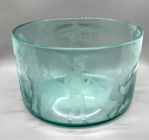 Signed Jennifer Pontz Hawaiian Art Glass Etched Turquoise Glass Serving Bowl - Picture 1 of 5