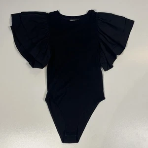 Zara Ribbed Bodysuit Sz M Black Layered Ruffle Sleeve Romper Dressy Casual Wear - Picture 1 of 5