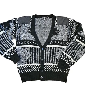 Vintage 80s Mens Medium Grandpa Cardigan Geometric Black White Leather Patches - Picture 1 of 11