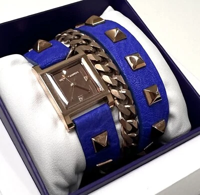 Vince Camuto pulseira dupla relógio couro azul ouro rosa cravejado em excelente estado usado bom - Imagem 1 de 4