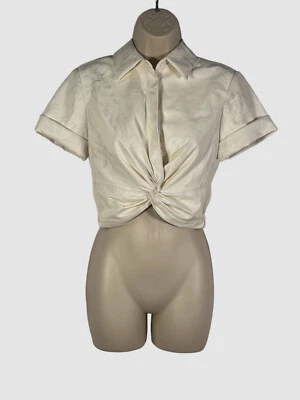 $330 Alice + Olivia Women's White Button Down Twist Faux Leather Top Size XS - Image 1 of 4