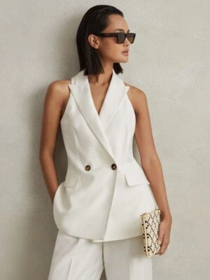 REISS Lori Halter Viscose Linen Double Breasted Suit Waistcoat White UK Size 6 - Image 1 of 4