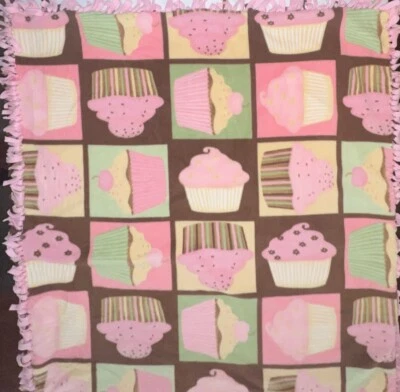 Manta de corbata temática Cupcake talla 40x46 - rosa - marrón - verde - suave Foto 1 de 4