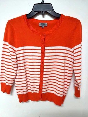 Joseph A Cardigan Sweater Sz M Button Front L. Sleeves Knit Orange/White Stripe - Image 1 of 4
